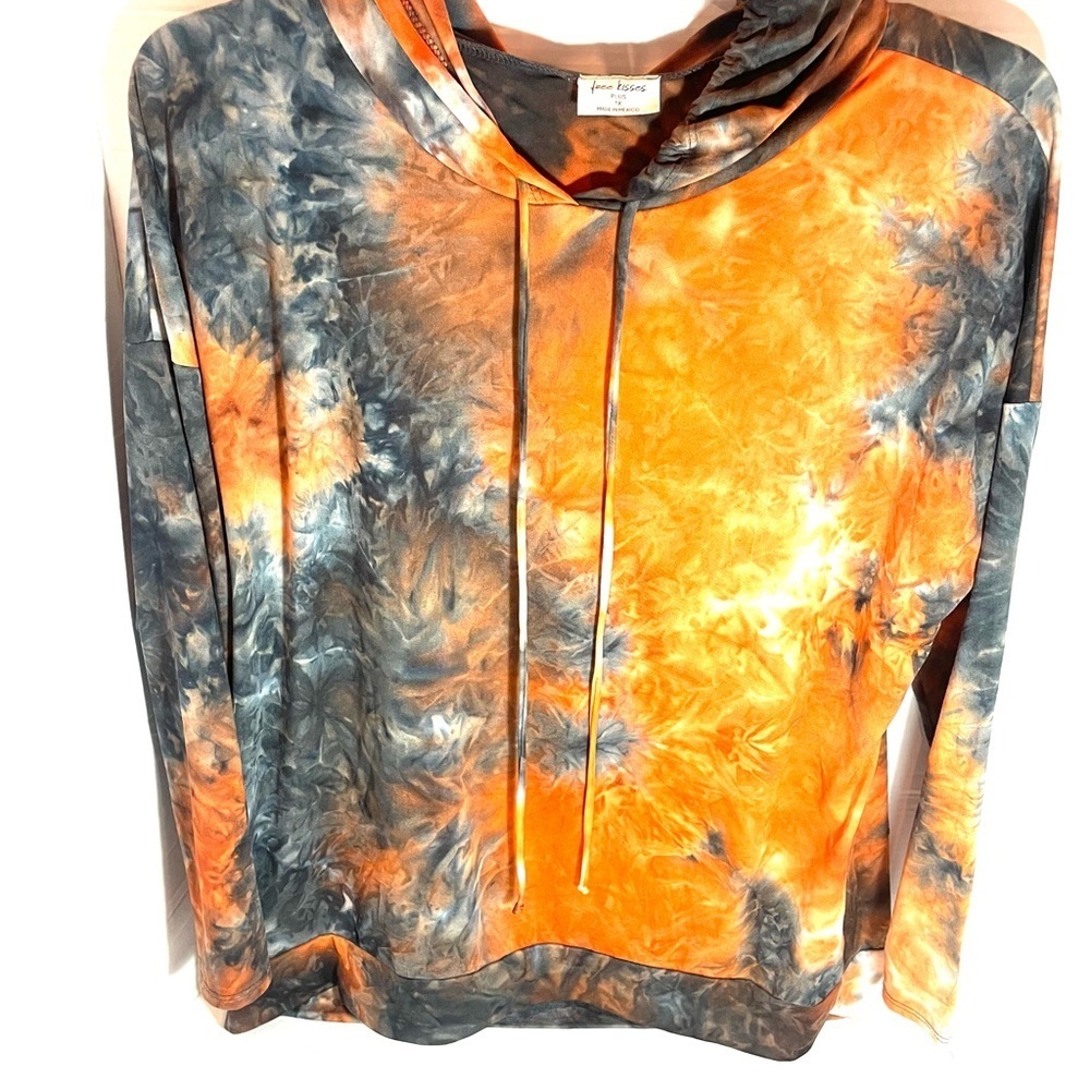 Women’s Free Kisses Orange & Charcoal Tie-Dye Hoodie Pullover Size Plus Size 1X - Picture 3 of 8